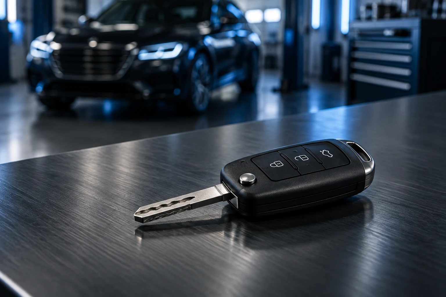 Black key fob and silver blade on a dark workbench