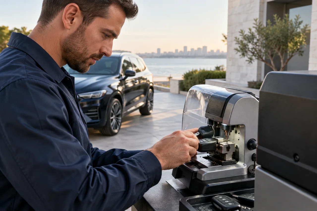 Precision car key cutting beside a parked vehicle