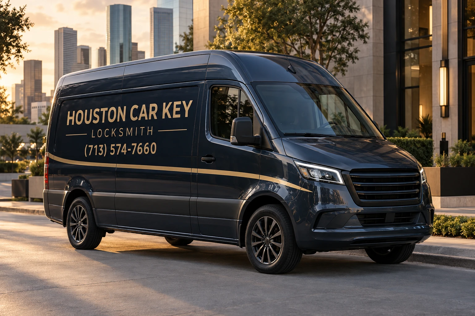 Concept of a graphite service van with Houston Car Key Locksmith lettering and champagne trim